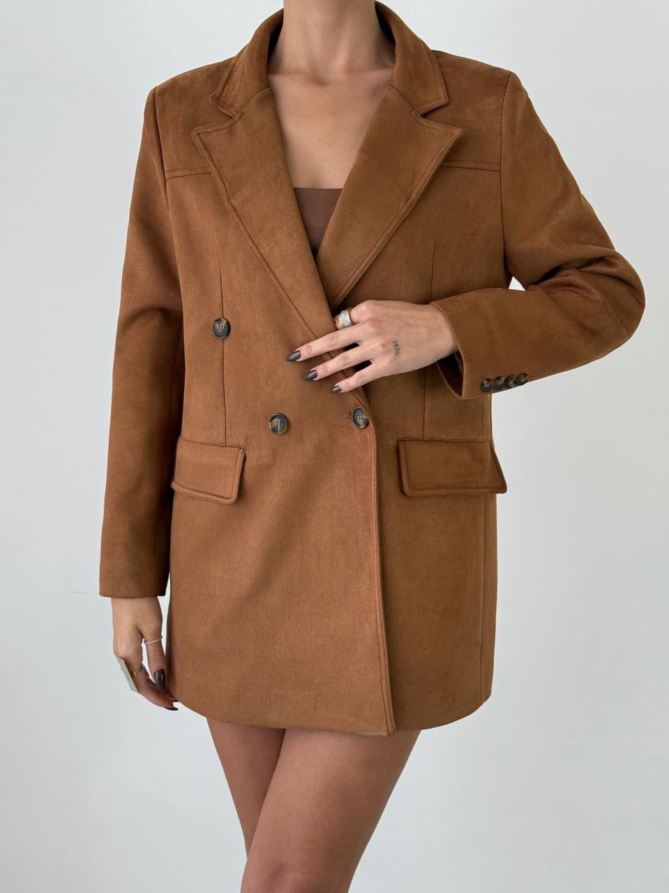 QUZU%20Süet%20Uzun%20Blazer%20Ceket