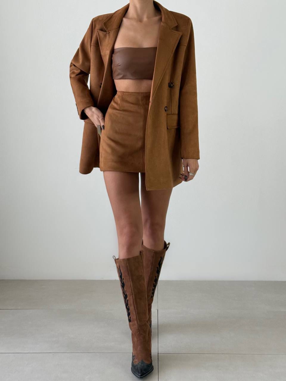 QUZU%20Süet%20Uzun%20Blazer%20Ceket