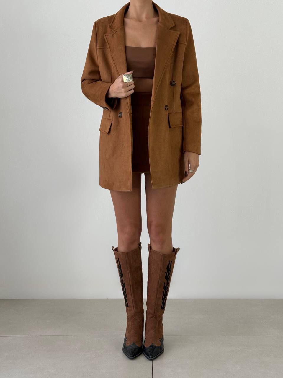 QUZU%20Süet%20Uzun%20Blazer%20Ceket